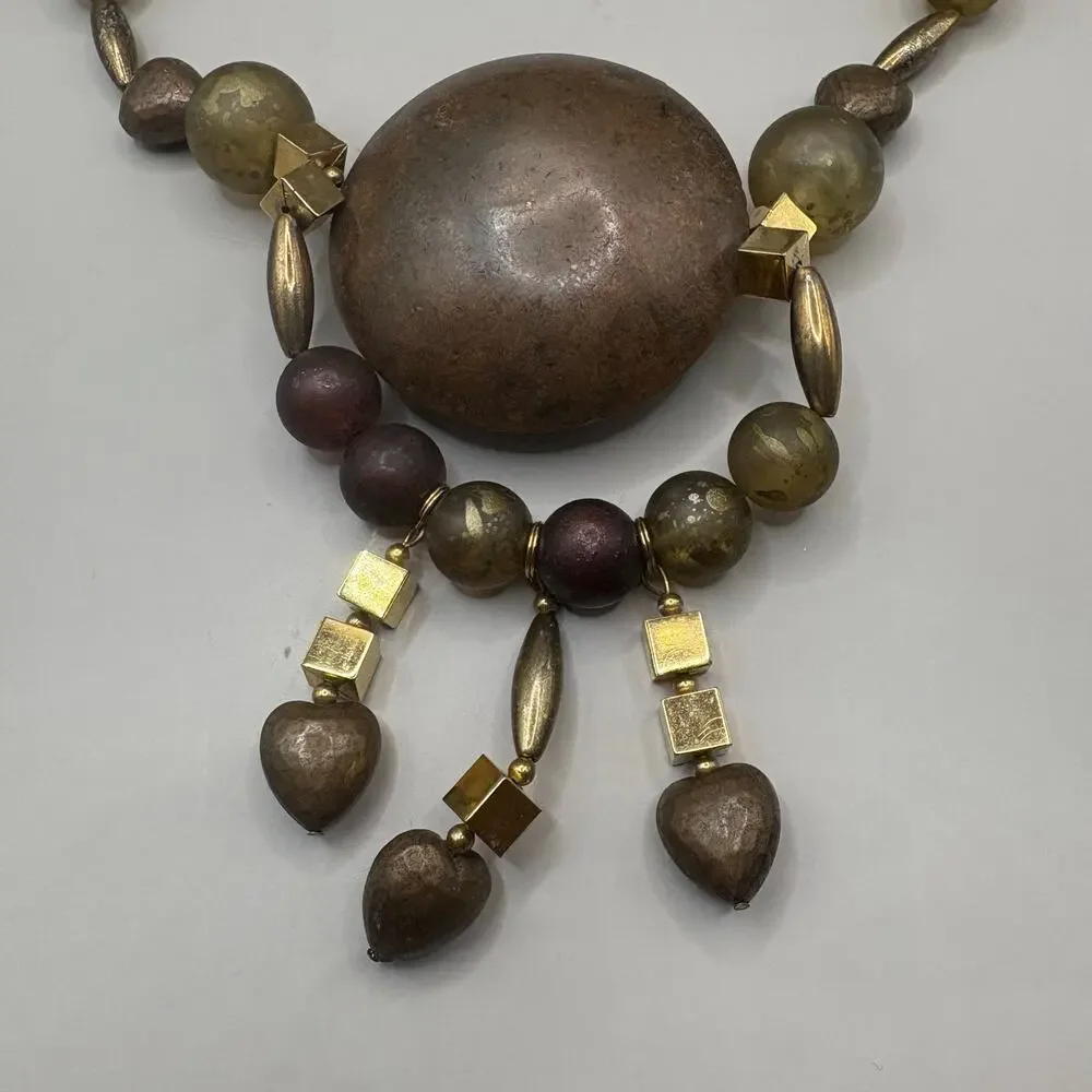 VTG Necklace Beaded Costume Statement Chunky Earthy Gold‎ Tone Hearts Boho
